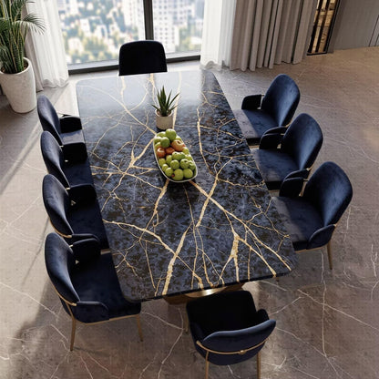 56"-96"Modern Luxury Dining Table, Black Marble Top with Gold Veins & Brass Base for 8