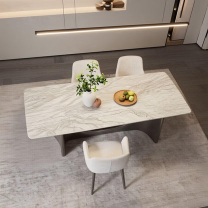 56"-96"Elegant Statement Dining Table, White Marble Top with Curved Brushed Metal Base