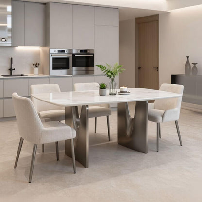56"-96"Modern Dining Table, White Marble Top with Brushed Stainless Steel Sculptural Legs
