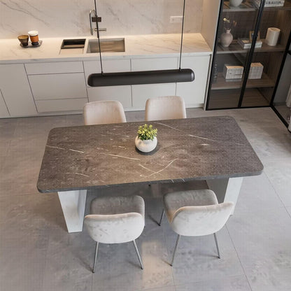 56"-96"Elegant Urban Dining Table, Dark Marble-Like Top with Modern Concrete Pedestal Legs