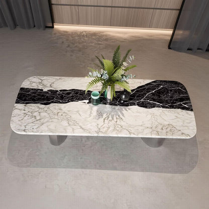 56"-96"Contemporary Black & White Marble Dining Table with Silver Base