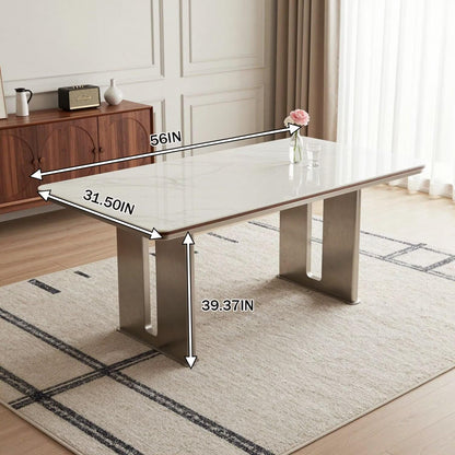 56"-88"White Marble Dining Table with Walnut Trim & Brushed Steel Base