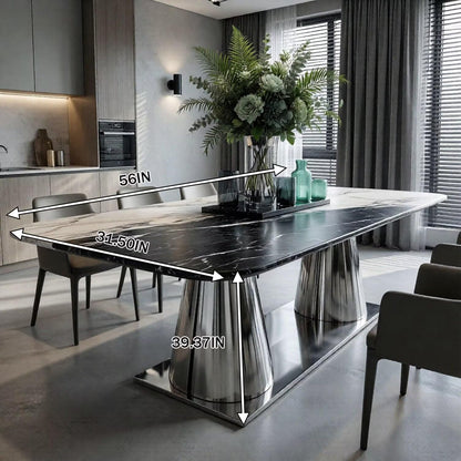 56"-88"Black & White Marble Dining Table with Polished Stainless Steel Base