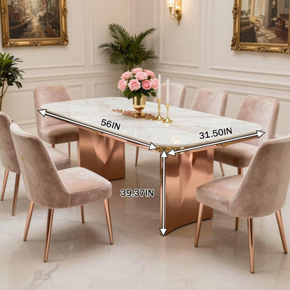 56"-88"Luxury Marble Dining Table with Rose Gold Base & Ornate Gold Trim