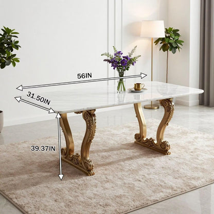 56"-88"Luxury Marble Dining Table with Carved Gold Metal Legs for 6 People