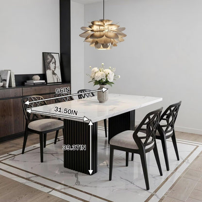 56"-88"Modern White Marble Dining Table with Black Fluted Base for 4-6 People