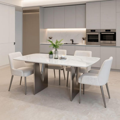 56"-96"Modern Dining Table, White Marble Top with Brushed Stainless Steel Sculptural Legs
