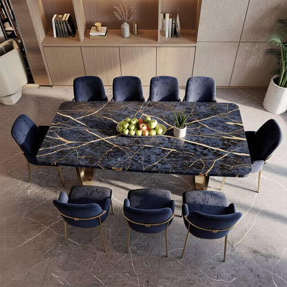 56"-96"Modern Luxury Dining Table, Black Marble Top with Gold Veins & Brass Base for 8