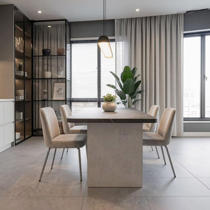 56"-96"Elegant Urban Dining Table, Dark Marble-Like Top with Modern Concrete Pedestal Legs