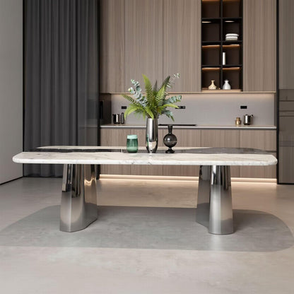 56"-96"Contemporary Black & White Marble Dining Table with Silver Base