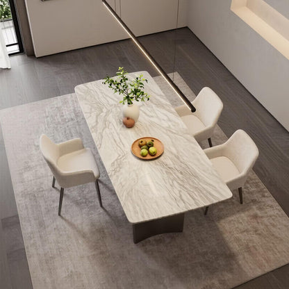 56"-96"Elegant Statement Dining Table, White Marble Top with Curved Brushed Metal Base