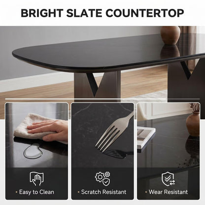 56"-88"Black Marble Oval Dining Table with Dark Wood Base for 4-6 People