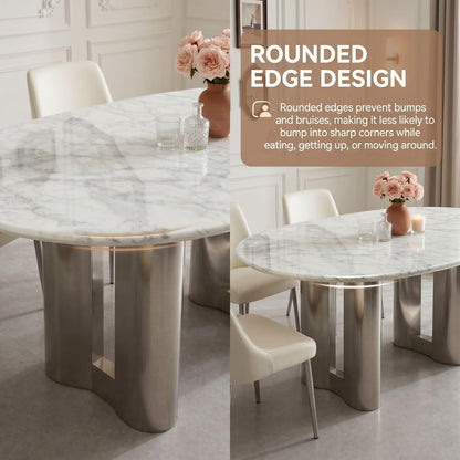 56"-88"Oval White Marble Dining Table with Polished Stainless Steel Base for 6