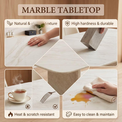 56"-88"White Marble Dining Table with Beige Stone Base for 4-6 People