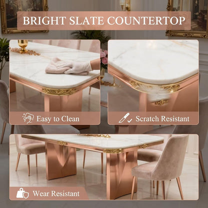 56"-88"Luxury Marble Dining Table with Rose Gold Base & Ornate Gold Trim