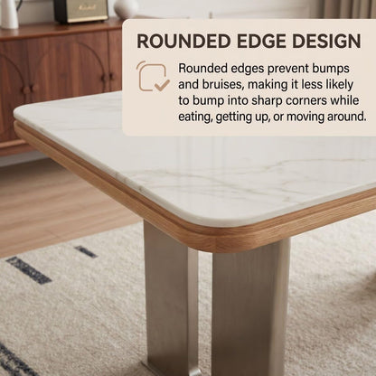 56"-88"White Marble Dining Table with Walnut Trim & Brushed Steel Base