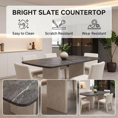 56"-88"Modern Rectangular Dining Table, Dark Stone Top with Concrete Pedestal Legs
