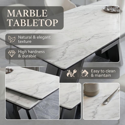 56"-88"Contemporary White Marble Dining Table with Matte Black Metal Base