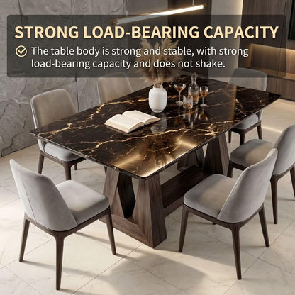 56"-88"Black Marble Dining Table with Natural Wood Base for 6-8 People