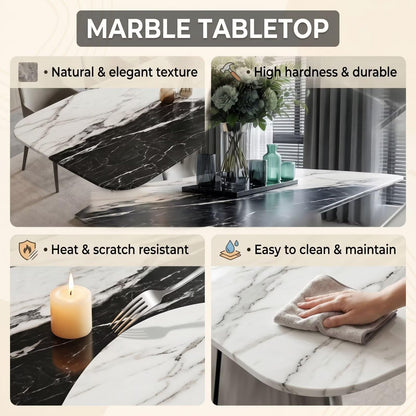 56"-88"Black & White Marble Dining Table with Polished Stainless Steel Base
