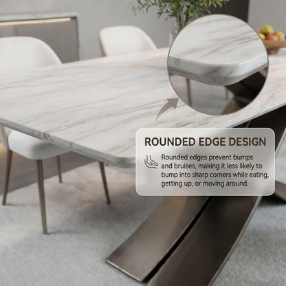 56"-88"White Marble Dining Table with Gunmetal X-Shaped Metal Base for 6 People