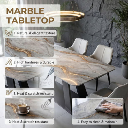 56"-88"Gray Marble Dining Table with Gold Vein & Black Metal Base for 6 People