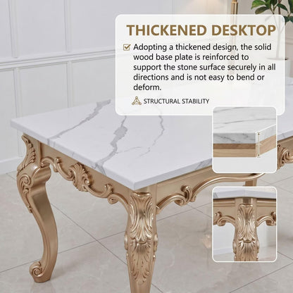 56"-88"Rectangular Dining Table with Marble Top & Antique Gold Rococo Base