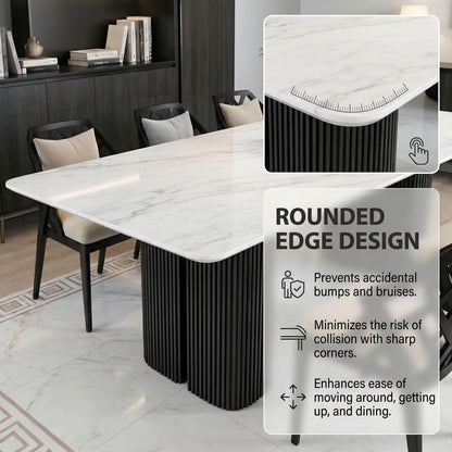 56"-96"White Marble Dining Table with Black Fluted Base for 6-8 People