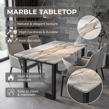 56"-88"Modern Rectangular Dining Table, Marble Top with Black U-Base