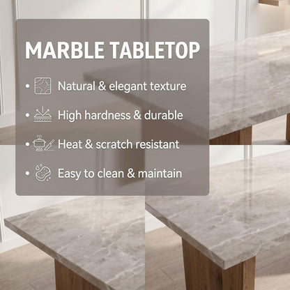 56"-88"Light Gray Marble Dining Table with Natural Wood Base for 4-6 People