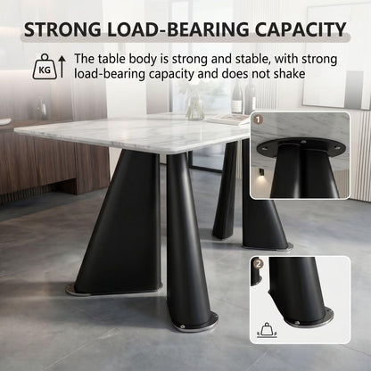 56"-88"White Marble Dining Table with Black Tapered Legs for 6 People