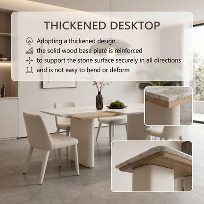 56"-88"Contemporary White Marble Dining Table with Cream Double Pedestal