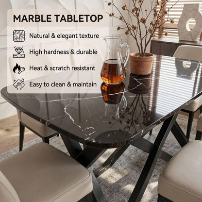 56"-88"Black Marble Dining Table with White Vein & Black X-Shaped Legs for 6