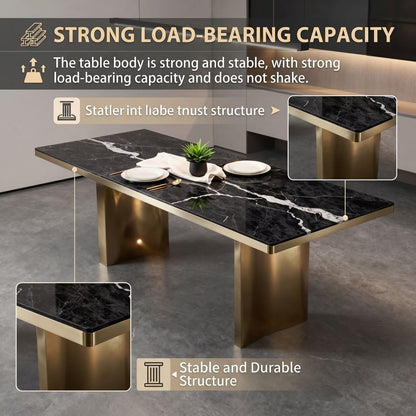 56"-88"Luxury Rectangular Dining Table, Black Marble Top with Gold Frame Legs
