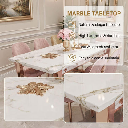 56"-88"Luxury Marble Dining Table with Rose Gold Metal Base for 6-8 People
