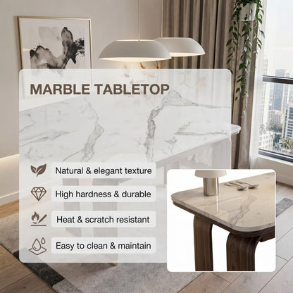 56"-88"White Marble Dining Table with Walnut Wood Legs & Gold Accents