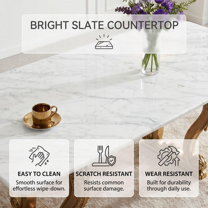 56"-88"Luxury Marble Dining Table with Carved Gold Metal Legs for 6 People