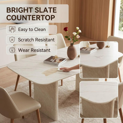 56"-88"White Marble Dining Table with Beige Stone Base for 4-6 People