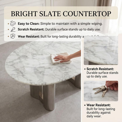 56"-88"Oval White Marble Dining Table with Polished Stainless Steel Base for 6