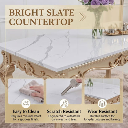 56"-88"Rectangular Dining Table with Marble Top & Antique Gold Rococo Base