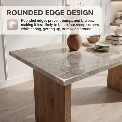 56"-88"Light Gray Marble Dining Table with Natural Wood Base for 4-6 People
