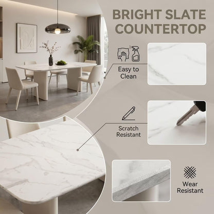 56"-88"Contemporary White Marble Dining Table with Cream Double Pedestal
