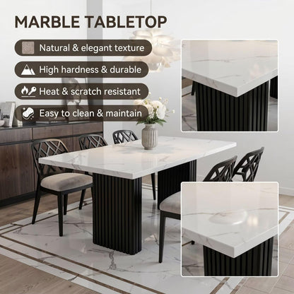 56"-88"Modern White Marble Dining Table with Black Fluted Base for 4-6 People