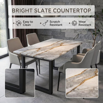 56"-88"Modern Rectangular Dining Table, Marble Top with Black U-Base