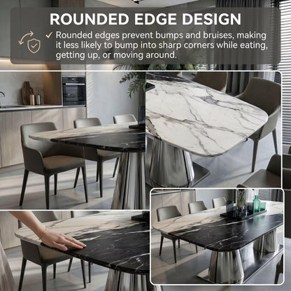 56"-88"Black & White Marble Dining Table with Polished Stainless Steel Base