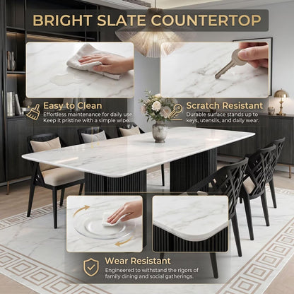 56"-96"White Marble Dining Table with Black Fluted Base for 6-8 People