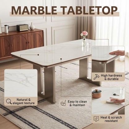 56"-88"White Marble Dining Table with Walnut Trim & Brushed Steel Base