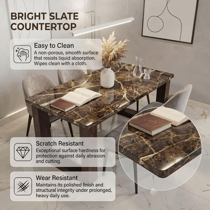 56"-88"Luxury Rectangular Dining Table, Dark Marble Top with Wood Frame Legs