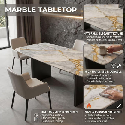 56"-88"Luxury Rectangular Marble Dining Table with Gold Streaks & Dark Legs
