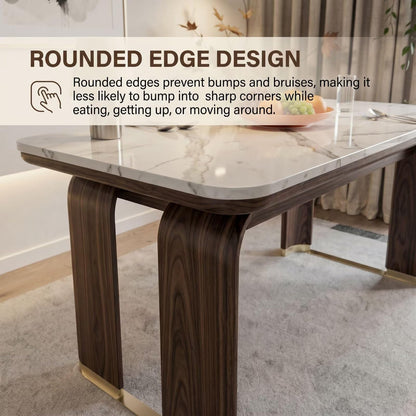 56"-88"White Marble Dining Table with Walnut Wood Legs & Gold Accents